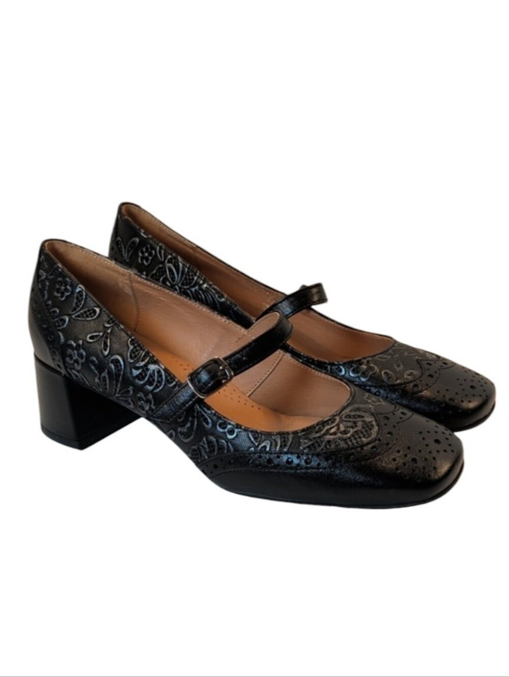 Embassy London Mary Antoinette Black Floral Trim Mary Jane Block Heels EU 38